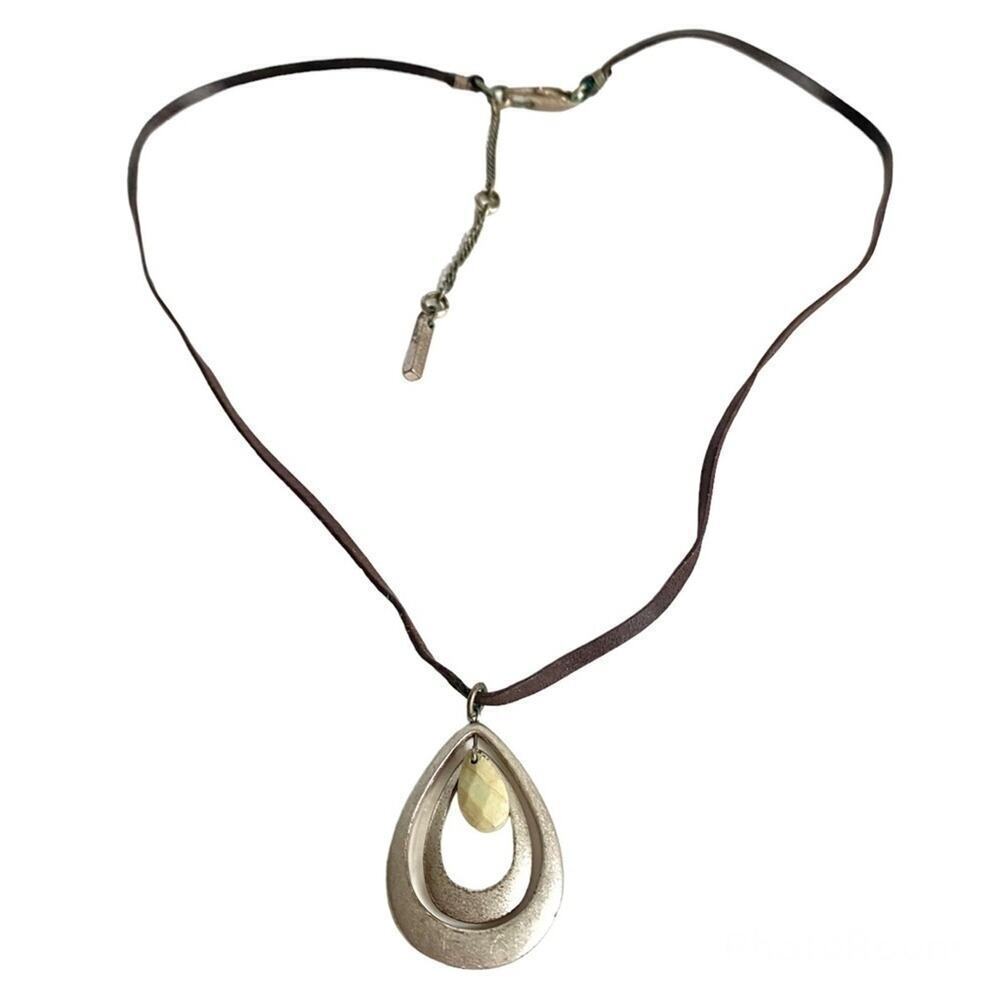 Kenneth Cole Necklace Brown Leather Cord‎ Silver Tone Marble Stone Y2K Vintage